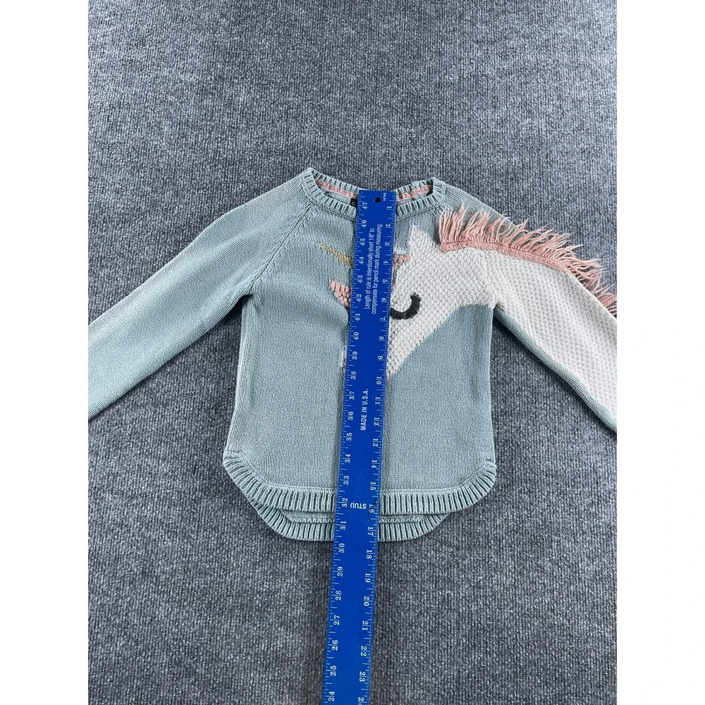 Cynthia Rowley Girls Blue Unicorn Knit Sweater Pink Fringe Mane Gold Horn Size 6